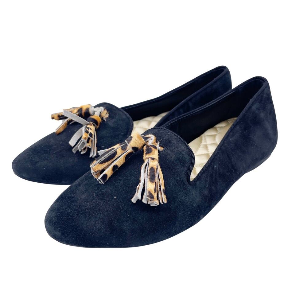 Birdies Women's Blackbird Black Leopard Tassel Quilted Footbed Loafer Size 6
